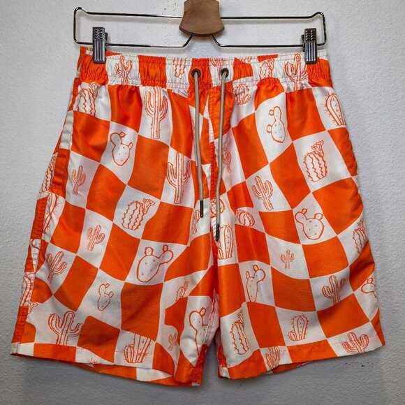 NEGATIVE SPACE Mens Short Sleeve Shirt Shorts Set Checked Cactus Orange White M - Picture 8 of 11